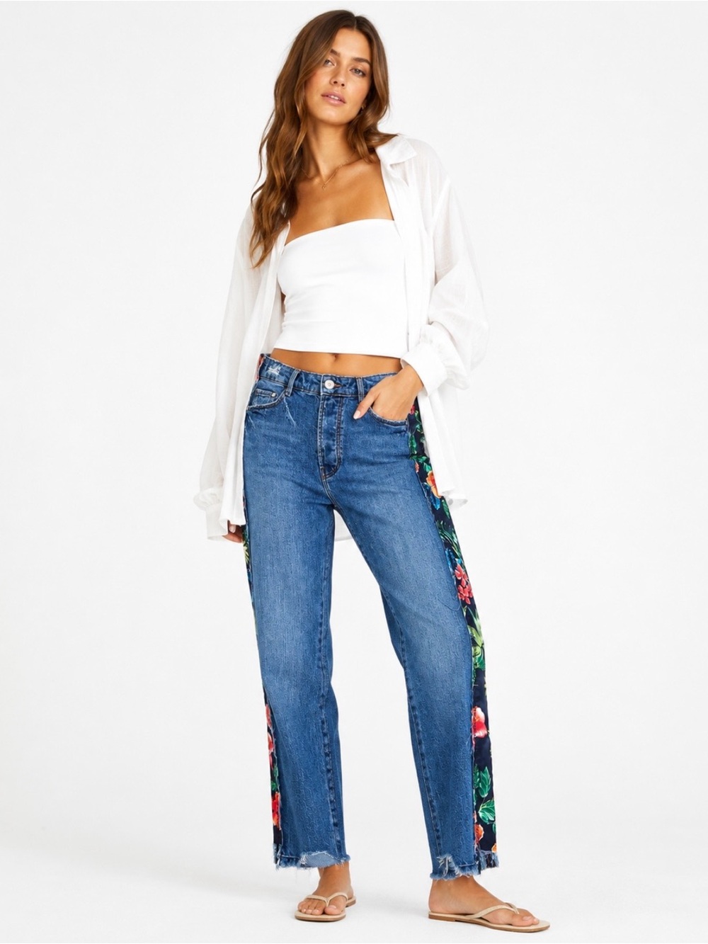 ZARA TRF Blue Denim Jeans with Satin Tropical Side Panels Size USA 8